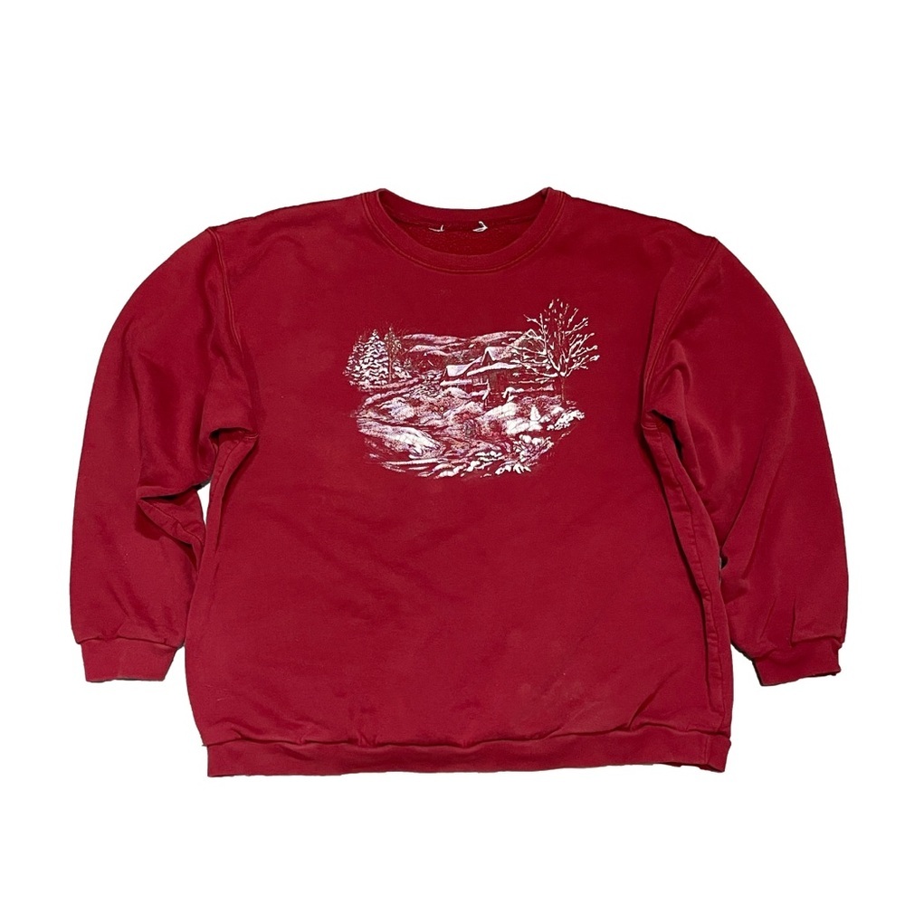 👽Red Crew Neck Sweater with Scenic Print